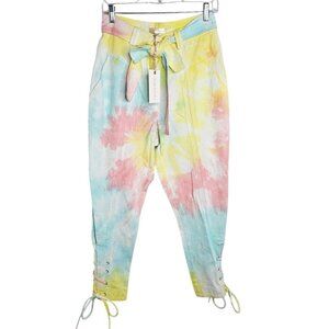 NWT LoveShackFancy Tao Pants RAINBOW RADIAL TIE DYE PINK YELLOW BLUE size 0 Crop